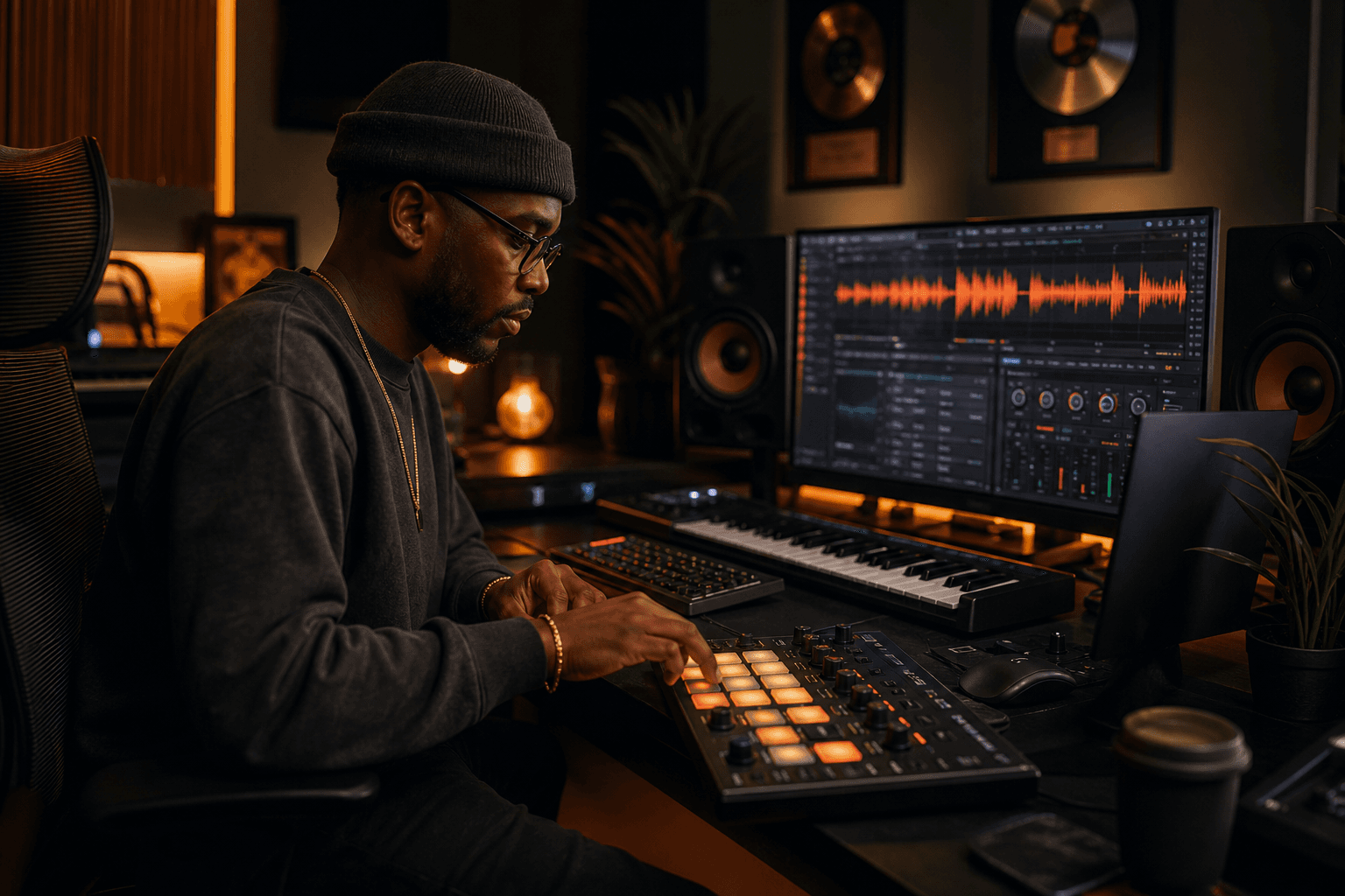 A producer shaping a beat in a modern studio workspace.